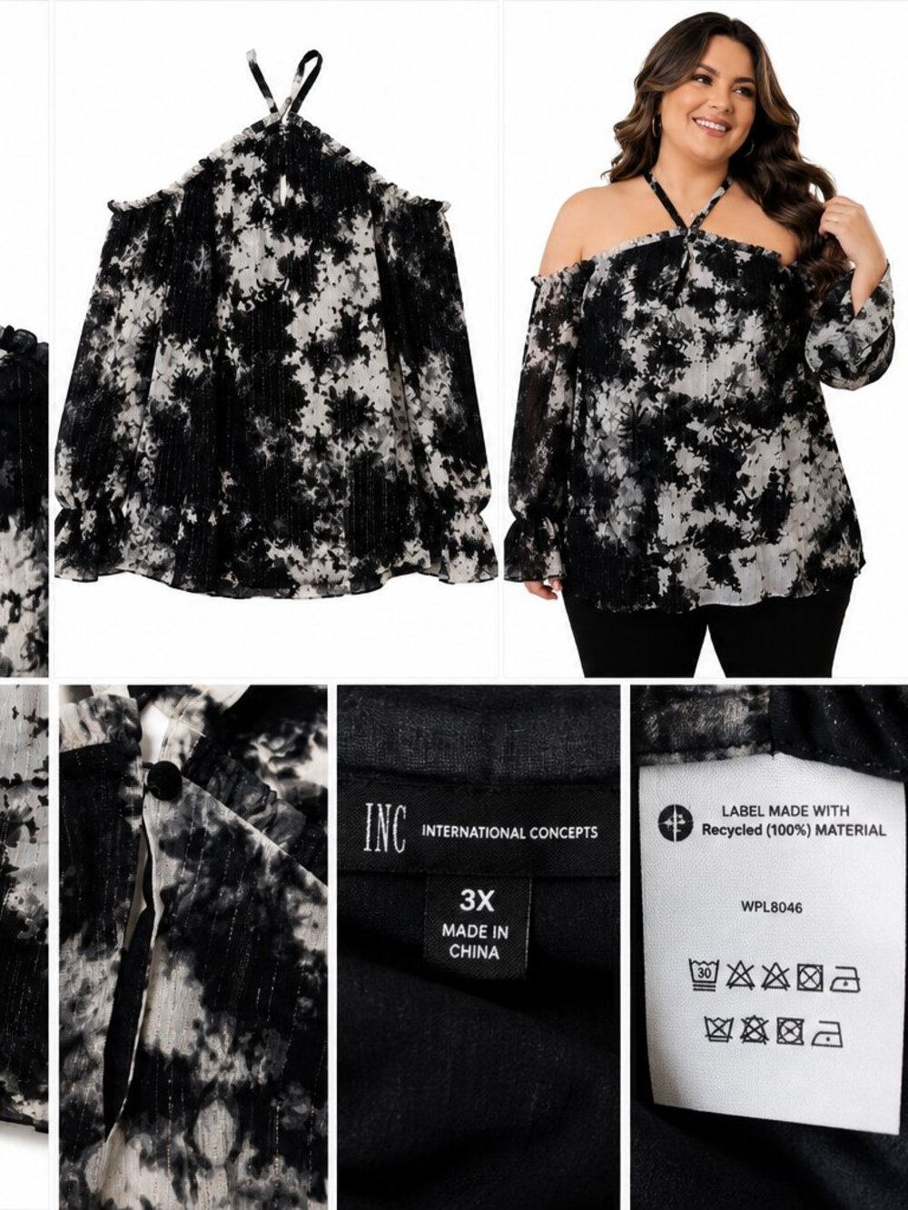 INC International Concepts Women 3X Cold Shoulder Tie Dye Metallic Halter BLOUSE